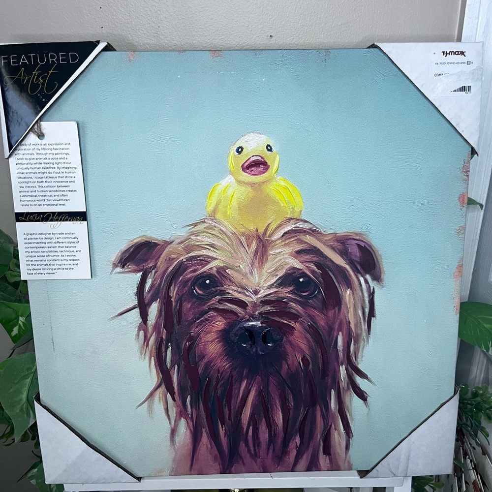16x16 canvas print with cute wet dog with yellow rubber ducky on his head